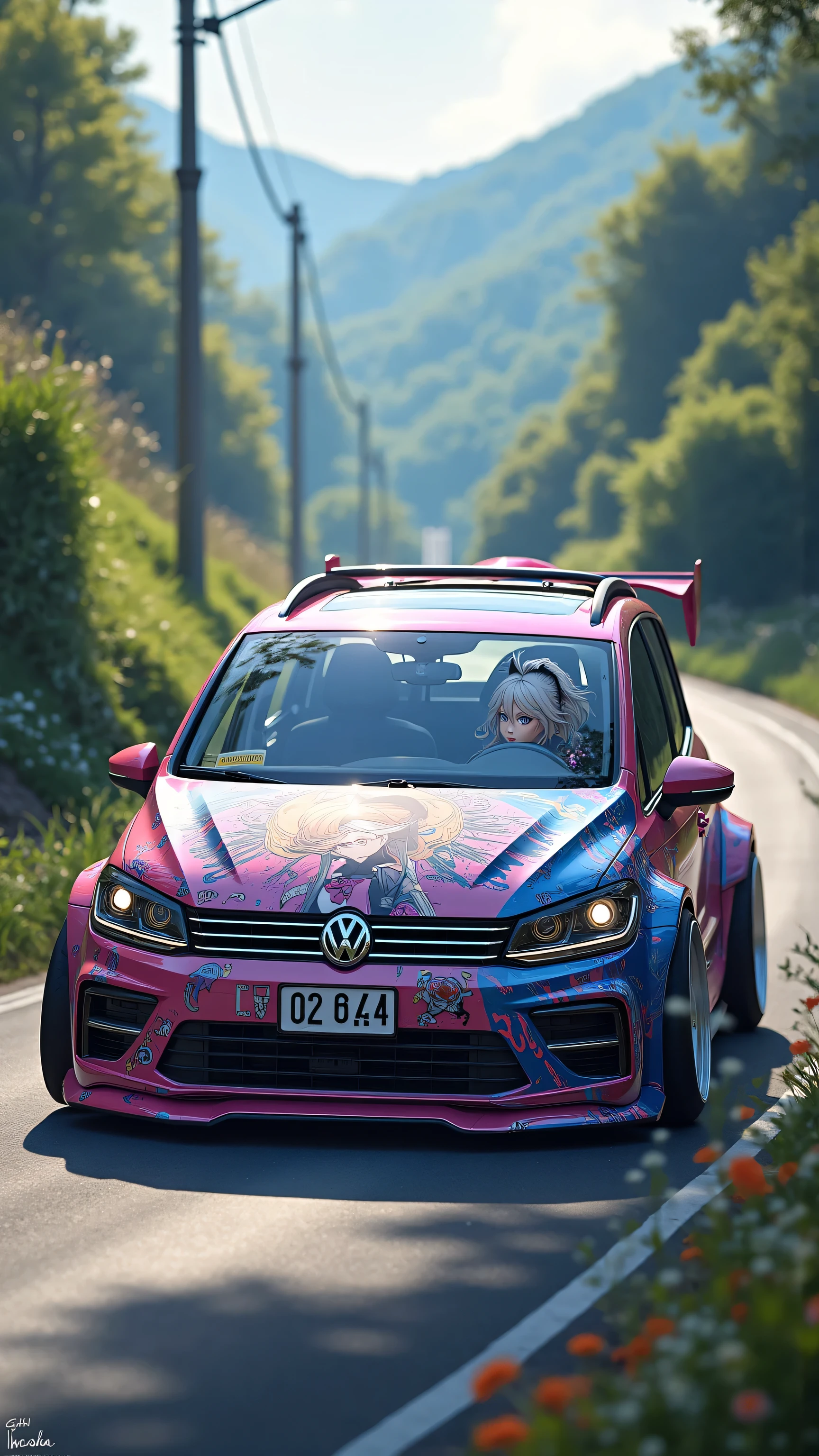 Volkswagen Touran L modification,wide body and negative wheel base wheels, painting an anime woman,Furina_Genshin,A girl cosplays Funina while sitting in a car and driving