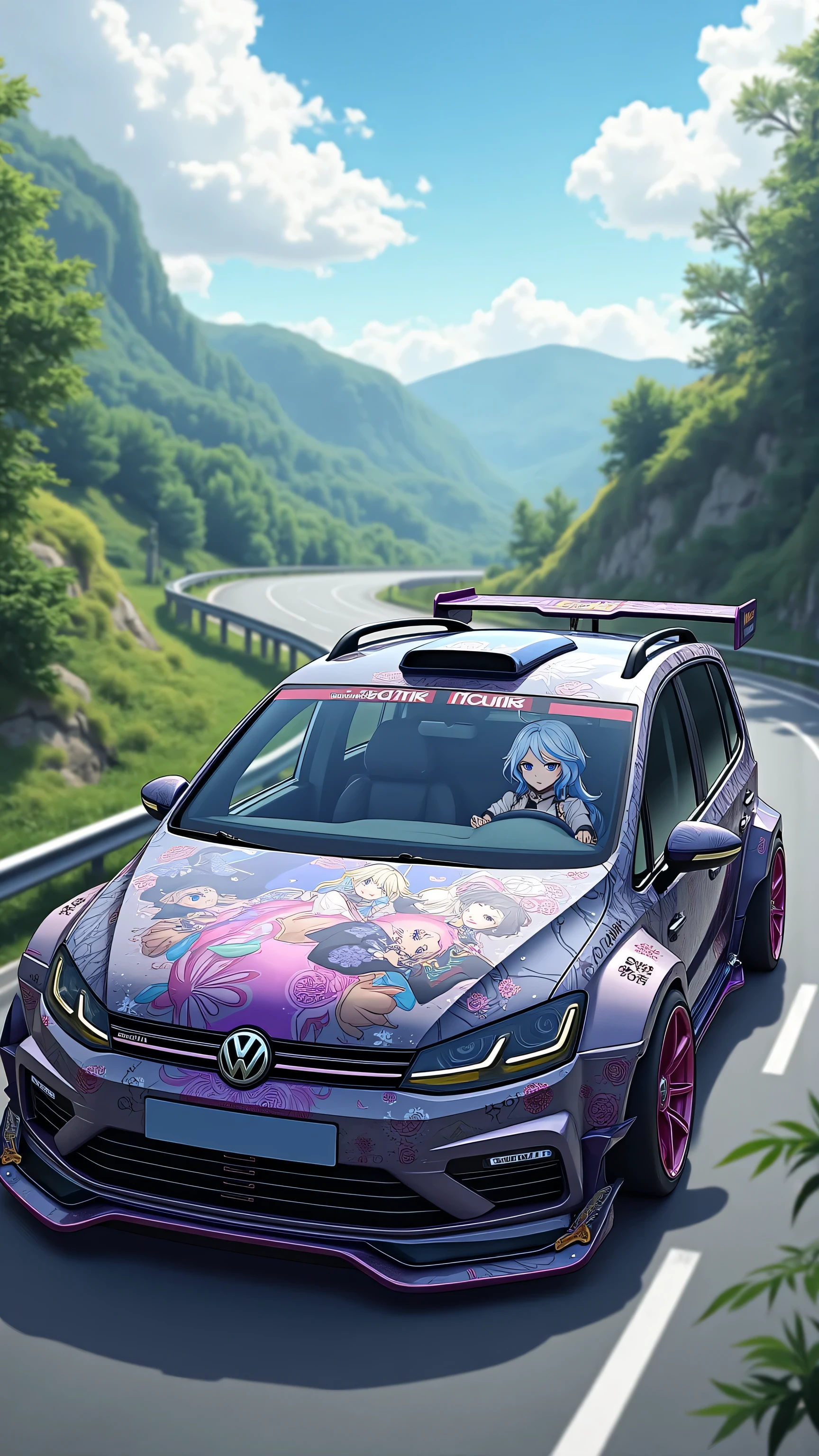 Volkswagen Touran L modification，wide body and negative wheel base wheels, painting an anime woman，Furina_Genshin，A girl cosplays Funina while sitting in a car and driving
