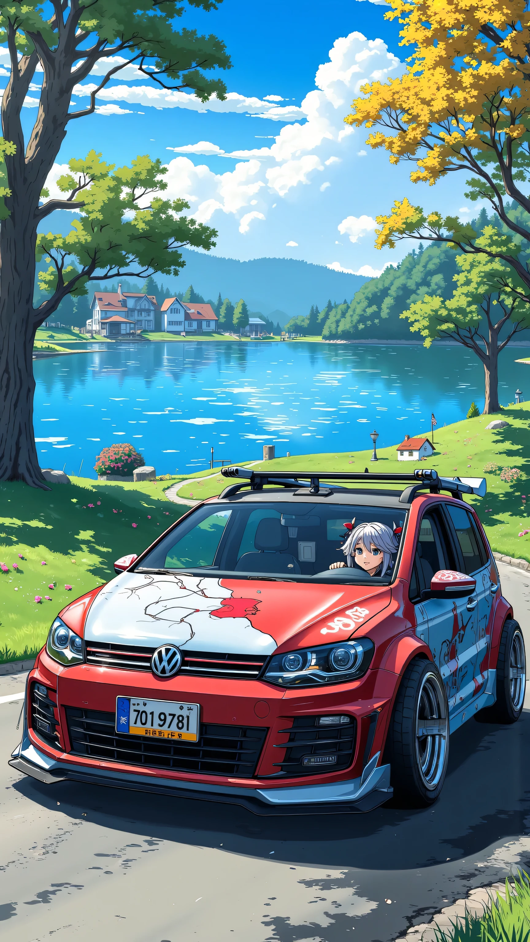 Volkswagen Touran L modification,wide body and negative wheel base wheels, painting an anime woman,Furina_Genshin,A girl cosplays Funina while sitting in a car and driving,The car is driving by the lake