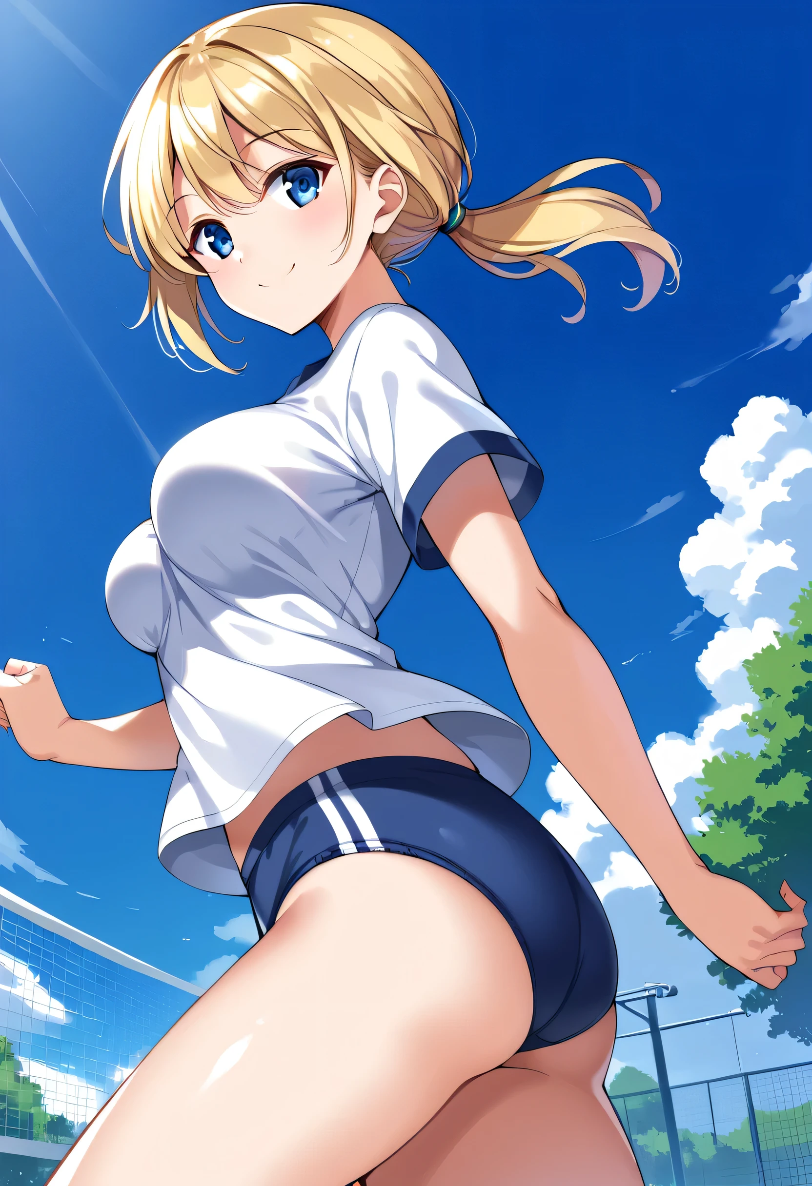 ((best quality)), ((masterpiece)), ((detailed)), (((perfect face))), (((22yo girl))), ((((topless)))), (((medium breasts))), (((((blue soccer shorts))))), ((blonde hair)), (((short ponytail))), (((green eyes))), ((frown)), ((blushing:1.2)), (((bare arms))), (((bare shoulders))), (((bare stomach))), (((green soccer field))), (((standing)))