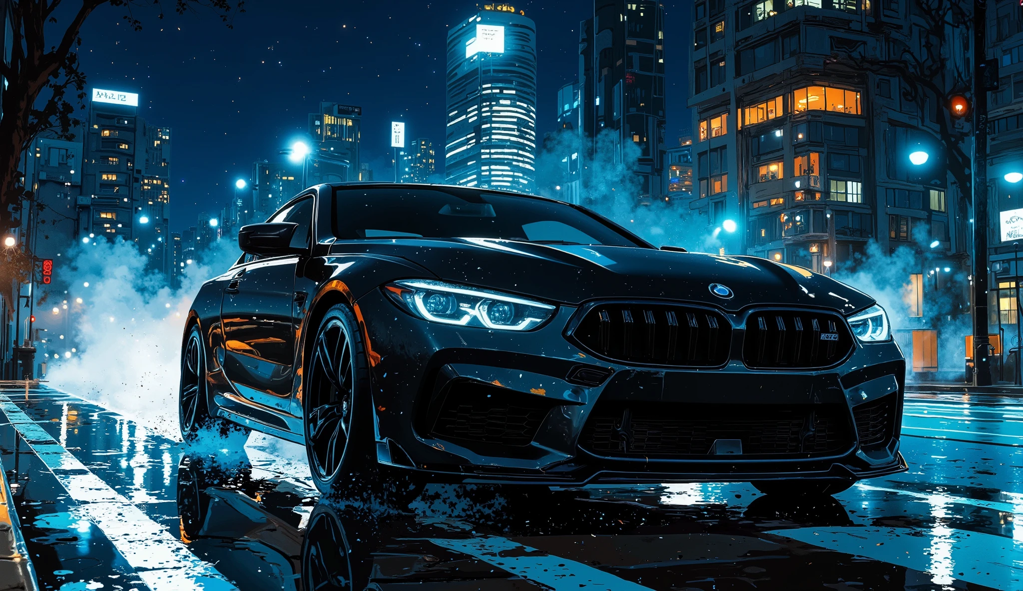 Create a hyper-realistic image of a BMW M8 Coupe Competition speeding through a neon-lit city at night. The car should be finished in Frozen Black with subtle blue ambient lighting reflecting off its glossy carbon-fiber accents. The M ney grille is illuminated, and the Laserlight headlights cut through the misty urban air. Motion blur enhances the sense of speed as the 20-inch M-forged alloy wheels grip the wet asphalt, kicking up light reflections. The quad exhaust tips emit a faint orange glow from the roaring 617-hp twin-turbo V8. The city skyline, full of futuristic skyscrapers, is blurred in the background, emphasizing the car’s raw performance and luxury