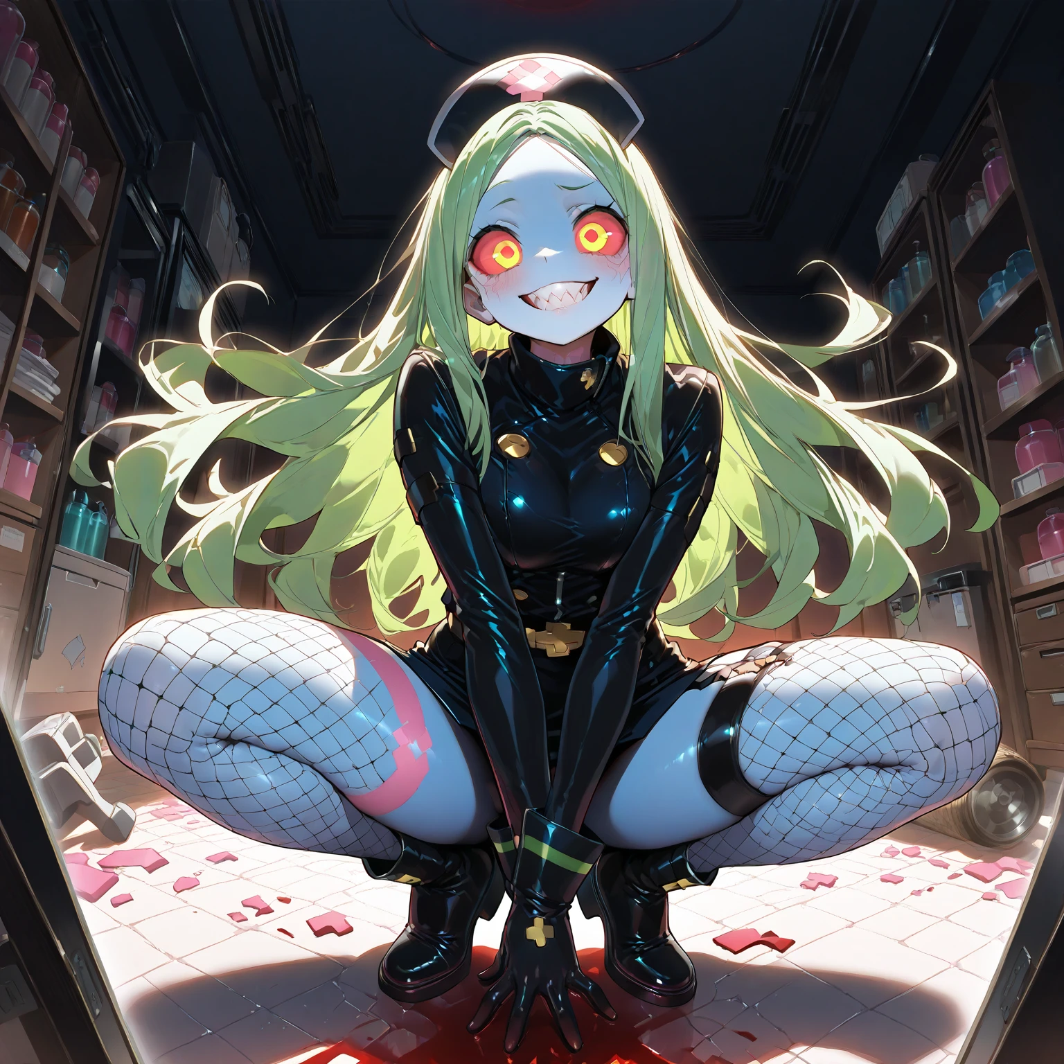 ((best quality)), ((highly detailed)), masterpiece, ((official art)), detailed face, beautiful face, (detailed eyes, deep eyes), (1girl), <lora:changeACharacterSymbiote_v10:.7>, TOver, (WMASK, mask), skin tight bodysuit, bodysuit, ((torn clothes:1.4)), slime (substance), black slime, (tentacles), monster girl, <lora:rebeccaCyberpunk_v10:.9>, rebecca \(cyberpunk\), solo, long hair, black hairband, mechanical eye, colored sclera, red sclera, colored skin, white skin, leg tattoo, neck tattoo, green hair, small breasts, red pupils, red eyes, black bra, thong, grin