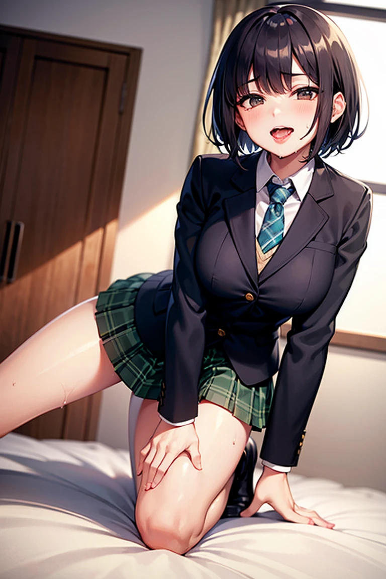 masterpiece, best quality,high resolution、realistic、Detailed、((extremely delicate and beautiful fabric):1.3)、 8k、large boob、 1girl, solo, skirt, jacket, shirt, blue eyes, white blouse, necktie, green necktie, black hair, pleated skirt, socks, diagonal-striped necktie, open jacket, open clothes, striped necktie, collared shirt, black jacket, black skirt, striped, blazer, short hair, long sleeves, bangs, , black socks, diagonal stripes, hairband, hair ribbon, ribbon, blue hairband, dress shirt, bow,  cowboy shot, in heat,cleavage、bedroom、on bed(perfect pussy:1.5)、(setting with Knees Up, spread legs:1.5)、nsfw、show off pussy、pussy juice、
