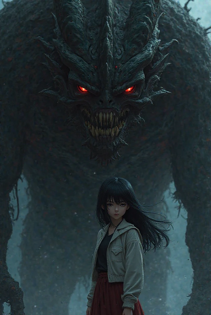 beautiful girl fighting with massive monster, she wear white shirt and black pants, korean girl, lower belly, perfect body,  scary monster, crowd of monsters, surrounded by monsters, bloody, from behind, 