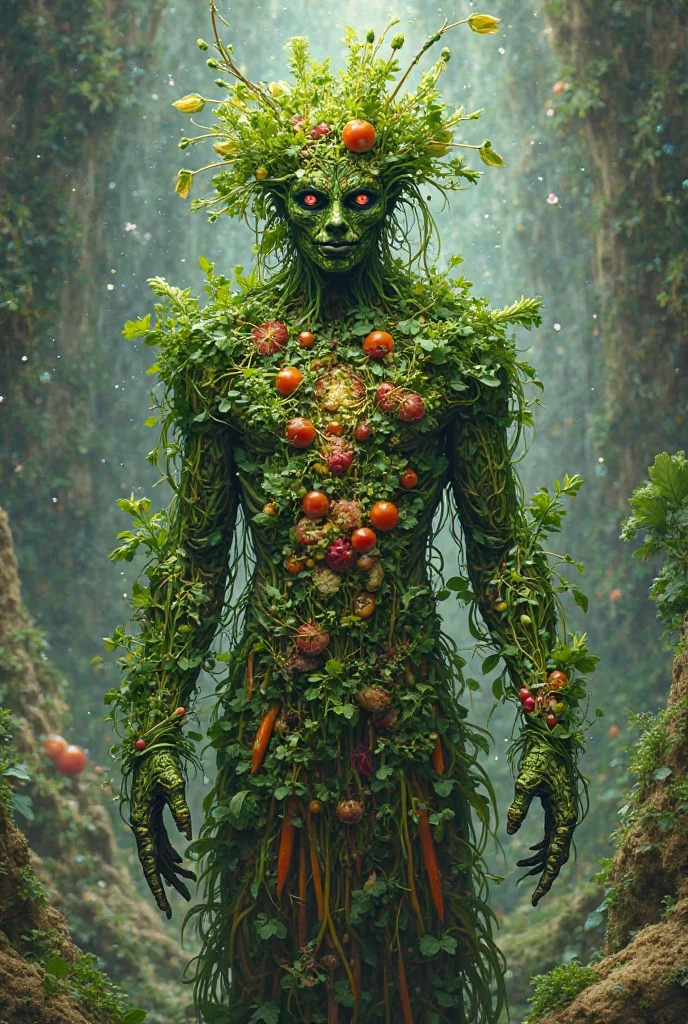 Image of a green man standing in a laboratory with plants coming out of his body