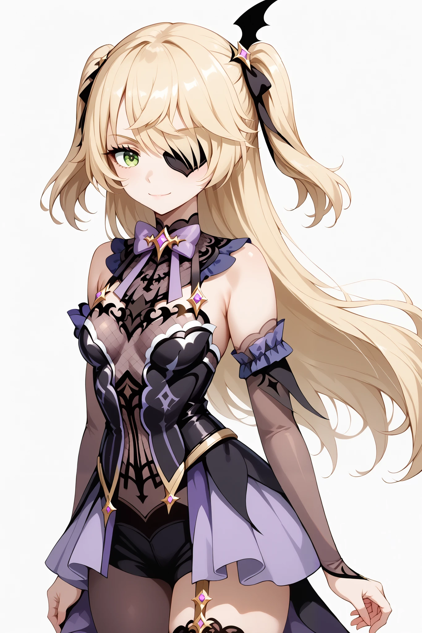 score_9, score_8_up, score_7_up, source_anime, 4K,perfect fingers,(perfect hands, perfect anatomy),prefect lighting, very aesthetic, intricate details,highly detailed background, masterpiece, high quality, best quality,
1girl,solo, fischl, fischl, long hair, bangs, blonde hair, ribbon, green eyes, hair ribbon, hair over one eye, two side up, eyepatch, large breasts,,
wearing ((dark purple, black, and gold costume. black Corset, outfit includes several layers of fabric in various shades of purple and black, gold belt, )),
((White plain background:1.5)) , Standing, evil smirk,