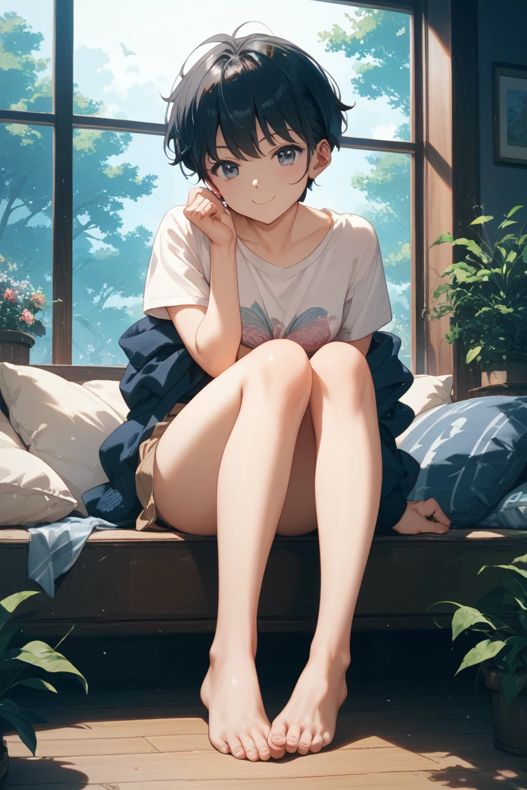 Beautiful 20 year old Japanese woman。 The time is night。 she is in her room。 There is a square window、There is space for people to sit。 I can see the skyscrapers from the window。 She is lying down in the seating area by the window, wearing a short white T-shirt, white shorts, and bare feet.。 Very short hair。 Her long, beautiful legs were raised high、Toes higher than head　Looking out the window。 Smoke a cigarette