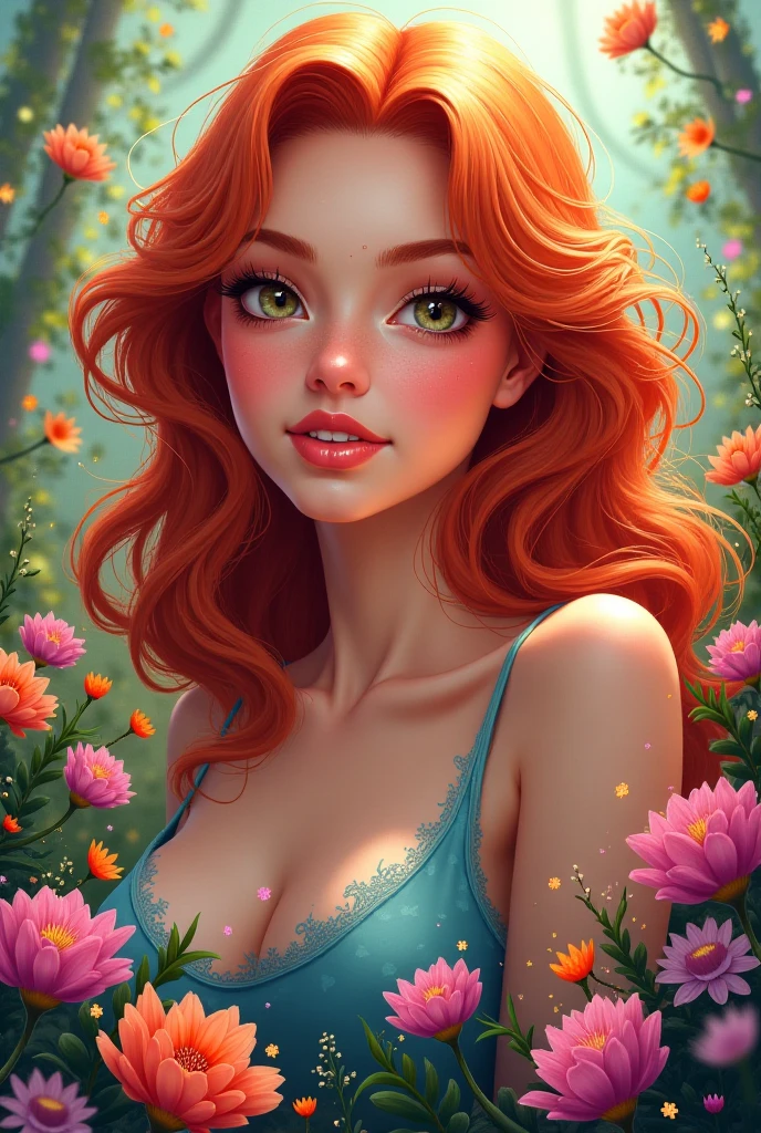 photo of 1girl playfully posing, looking at viewer, wearing a colorful flower pattern dress,  
[ Nina Dobrev | Sophie Ellis-Bextor ], naughty smile, redhead hair loose waves, cleavage, dark blue eyes, pretty eyes, detailed iris, playful, 

outside, garden, summer, green, flowers, detailed background, (closeup, extreme closeup,:1.1),

skin subsurface scattering, skin texture defects,

[(psychedelic colorful paint explosion:1.3)::0.2], secret,

realistic proportions, (analog style:0.8),

wallpaper, ultra realistic, photorealistic, sharp focus, absurdres, HDR, high contrast, photograph, instagram, photography on film, 32mm, detailed and intricate, movie still, octane render, film, kodak, kodachrome portrait, 8K, highly-detailed,