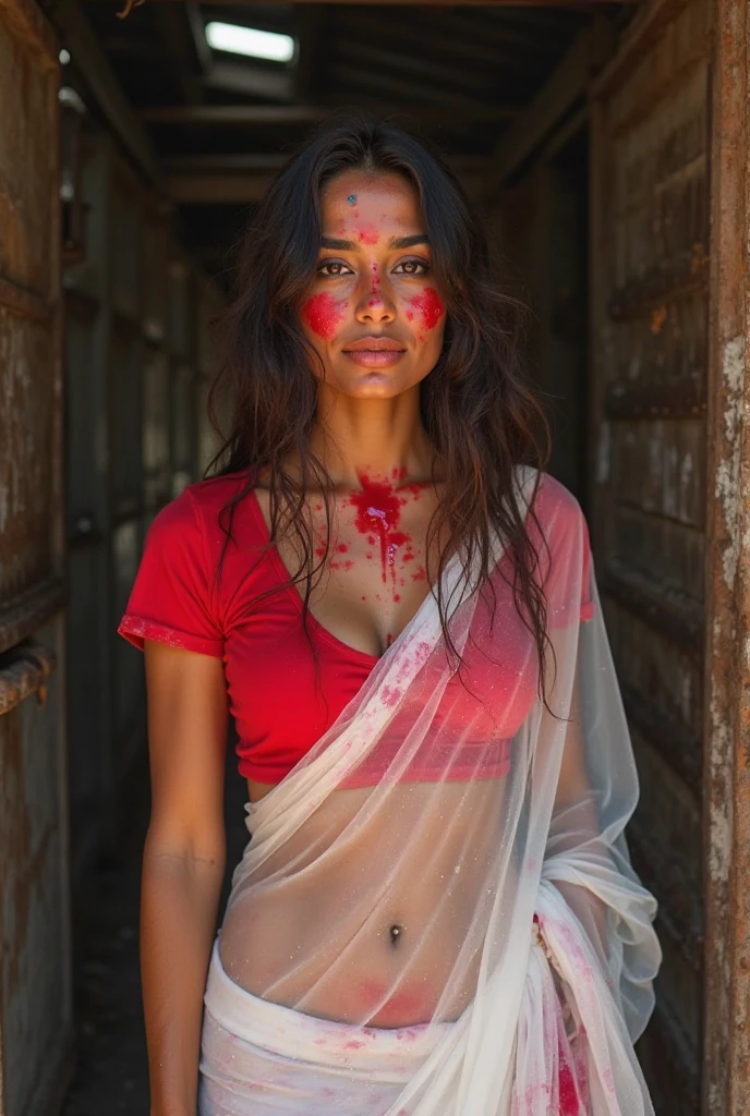 A indian Villan like Face bloody clothes and Bloothy hands Holding up a Bloody Machete and Goat Head On Others Hand  to Cut the Goat Neck . 