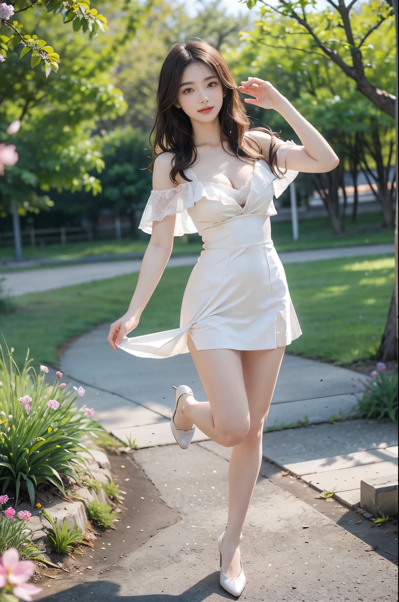 8K,tmasterpiece,Perfect image quality,Backshot,Look up,Low camera,super wide shot,Ultra-wide angle of view,16MM LENS,Tall andelegant,Slender figure,lightand shade contrast,Strong light,Bare leaky thighs,short skirt,Naked chest leakage,The shirt,Unbuttoned shirt,D-cups,A woman in a white dress stands in an outdoor space full of flowers,There are clouds in the sky,with blue sky and white clouds,Girl in flowers, With flowers, with frozen flowers around her,