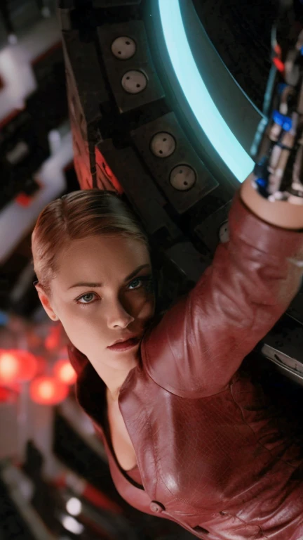 Blonde woman in leather jacket leaning against a wall with a neon light, Kristanna Loken, fatalidad cara hermosa,