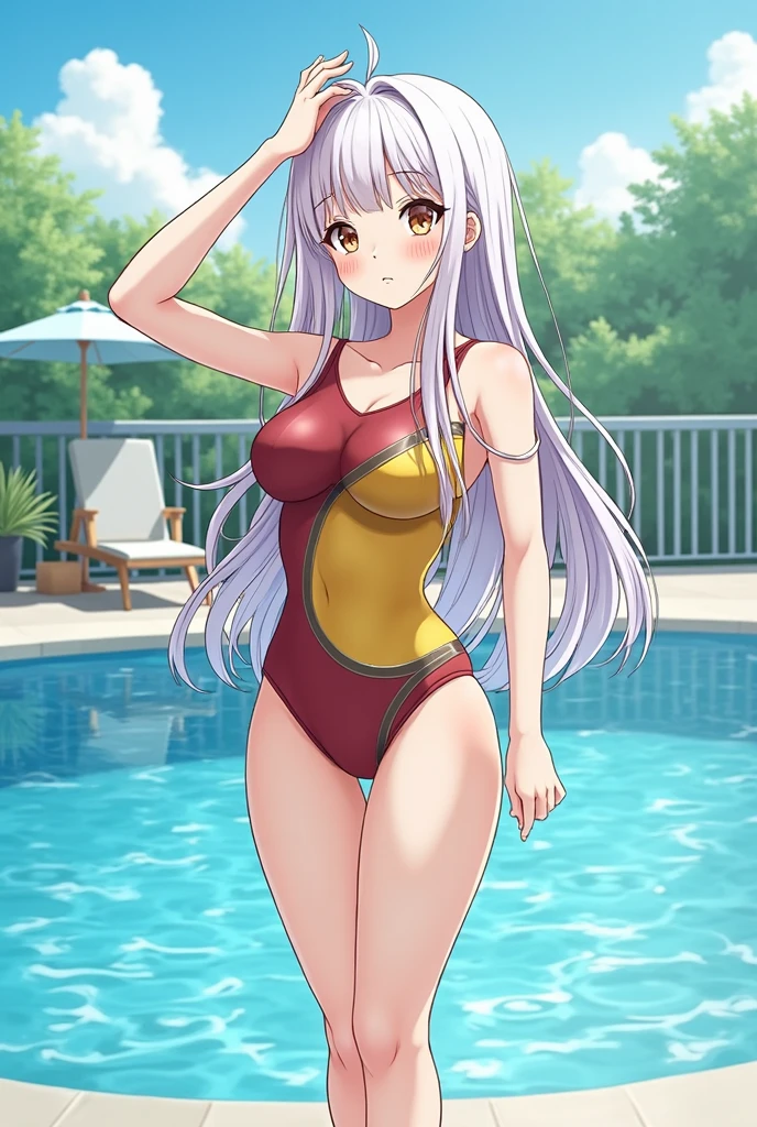 ((best quality)) ((masterpiece)) mondaijiasuka, competition swimsuit, red hair bow, brown hair, long hair, bangs, braid, blue eyes, , full body, solo, 1girl, outdoors mondaiji-asuka-nai (NSFW 1.5)