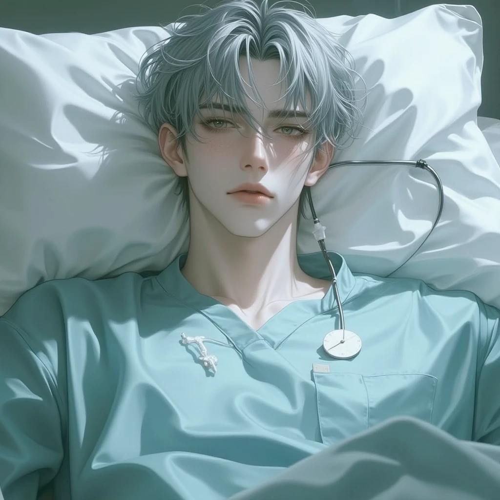 ((best quality)), ((masterpiece)), (detailed),
A man lying in a hospital bed,Pale complexion,The sunset outside the window