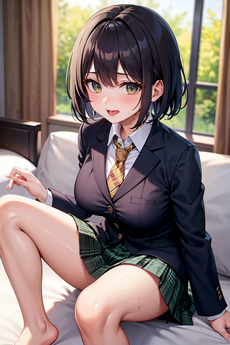 masterpiece, best quality,high resolution、realistic、Detailed、((extremely delicate and beautiful fabric):1.3)、 8k、large boob、 1girl, solo, skirt, jacket, shirt, blue eyes, white blouse, necktie, green necktie, black hair, pleated skirt, socks, diagonal-striped necktie, open jacket, open clothes, striped necktie, collared shirt, black jacket, black skirt, striped, blazer, short hair, long sleeves, bangs, , black socks, diagonal stripes, hairband, hair ribbon, ribbon, blue hairband, dress shirt, bow, cowboy shot, smile,cleavage、bedroom、(side tie white panties:1.5)、(setting with Knees Up, spread legs:1.5)、arms up、nsfw