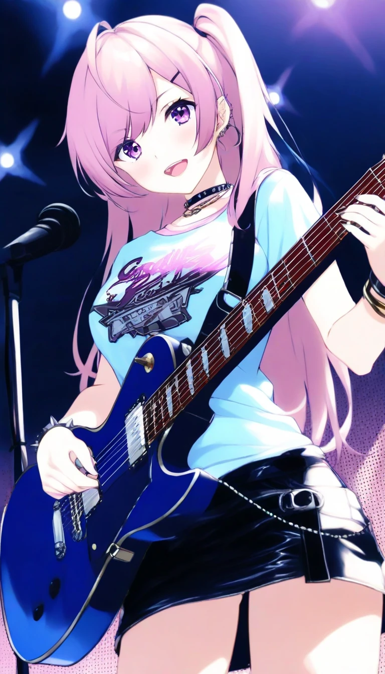 Alone、1 girl bochi the rock 、anime touch、playing an electric guitar、stage、 Rock Band、masterpiece、top quality、pink long hair、punk fashion、rock style  , ready to rock , glorious concert , background is in middle of cencert in the night , lighning concert .
