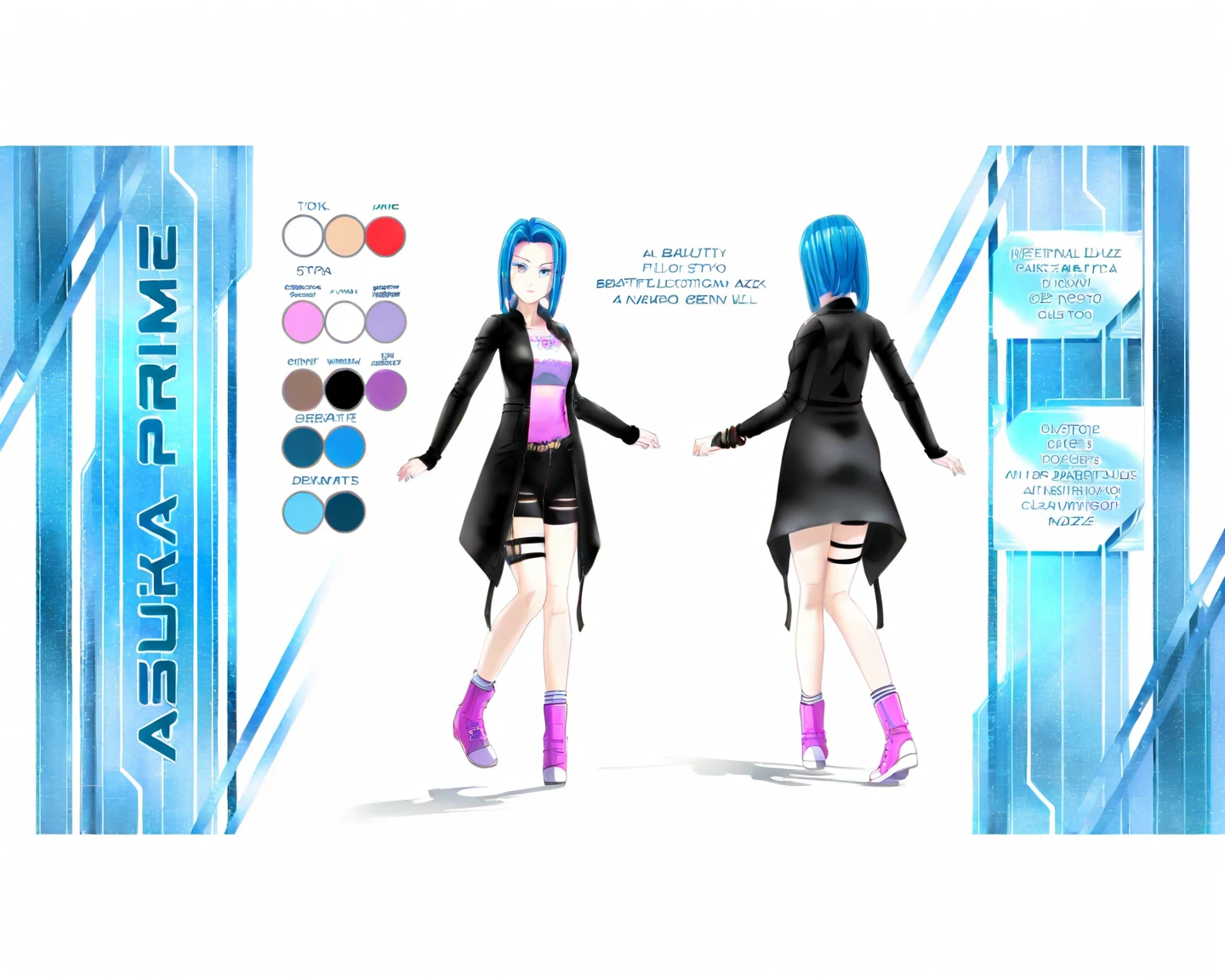 Several different views of a woman dressed in purple and blue, clothing design, Cypherpunk fashion illustration, futuristic outfit, clothing design, clothes from the future, fashion concept art, Futuristic clothing, clothing concept, biopunk futuristic wardrobe, wearing futuristic clothing, clothing design, wearing futuristic, futuristic fashion, Speculative fashion AI world themed clothing, --auto