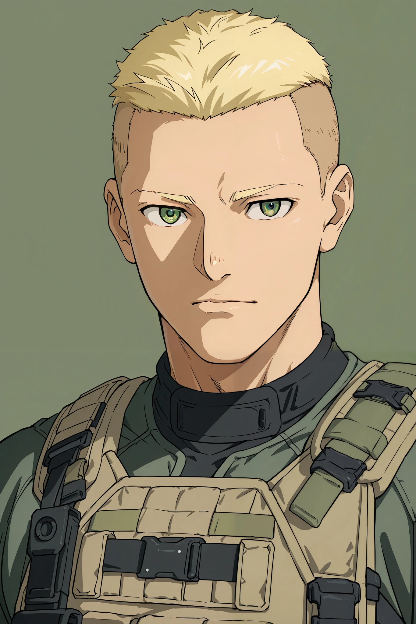 solo, portrait, 1man, maturemale, masculine, blond hair, buzzcut, green eyes, tactical outfit, muted green, absurdres, highres, green background, muscular, in anime art style, looking at viewer