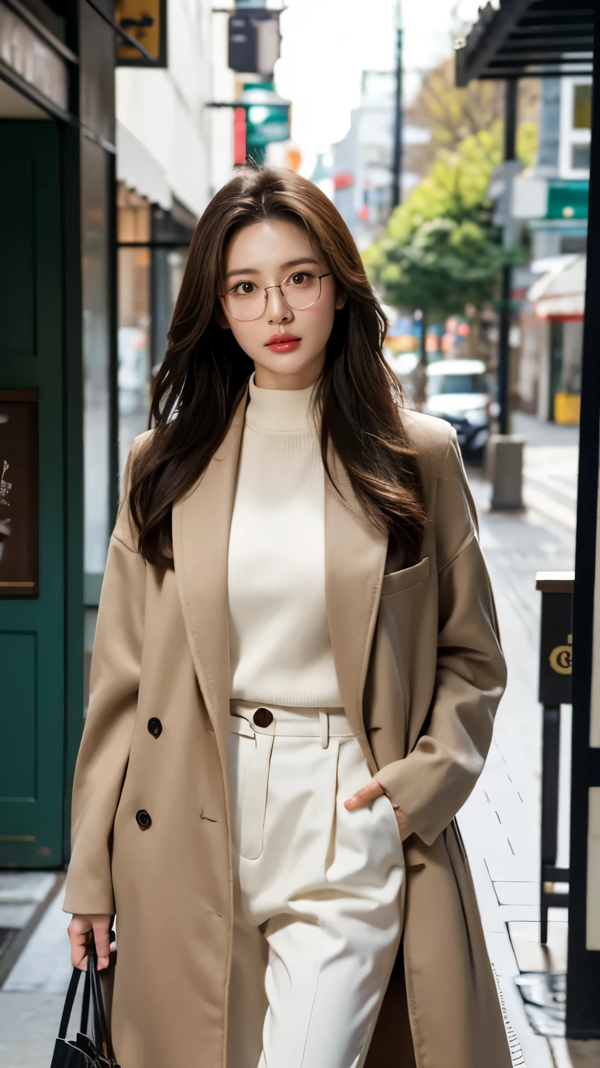 A stunning Russian-Asian model stands outside a rustic café, bathed in soft white light that accentuates her porcelain skin. She wears a light-brown oversized jacket over a crisp white high-neck knitted and modern Korean-inspired suit, her cascading brown hair framing her face. Modern Korean glasses sit atop her nose, and she holds a Starbucks coffee cup with confidence. The weathered dark green café doors, provide a charming backdrop. Cozy café light contrasts with the cool-toned alleyway, where subtle shadows dance across her features as she stands confidently amidst the winter scenery of Seoul.