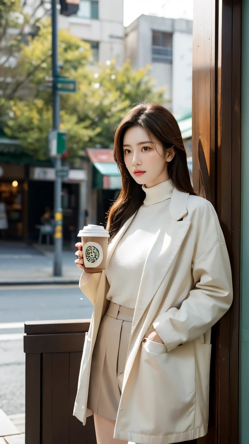 A stunning Russian-Asian model stands outside a rustic café, bathed in soft white light that accentuates her porcelain skin. She wears a light-brown oversized jacket over a crisp white high-neck knitted and modern Korean-inspired suit, her cascading brown hair framing her face. Modern Korean glasses sit atop her nose, and she holds a Starbucks coffee cup with confidence. The weathered dark green café doors, provide a charming backdrop. Cozy café light contrasts with the cool-toned alleyway, where subtle shadows dance across her features as she stands confidently amidst the winter scenery of Seoul.