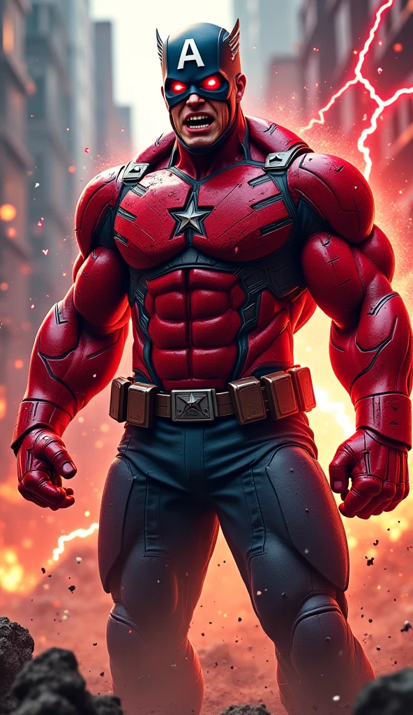 Male, wide shoulders, red skin, glowing eyes, shark-like teeth, steel jaw, red tech armor, black pants, lantern symbol, red boots and gloves, aura, space background