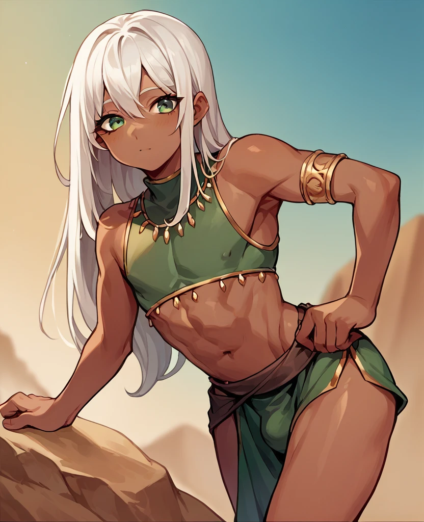 (Bea), (white HAIR), tan SKIN, (hairband), GREEN CLOAK, WHITE BANDAGES, MIDRIFF, BANDAGED LEGS, 1girl, solo, facing viewer, looking at viewer, upper body, smile. Dungeon, stone walls, underground, torch light, darkness, stoic look, mature, medium breasts, muscular