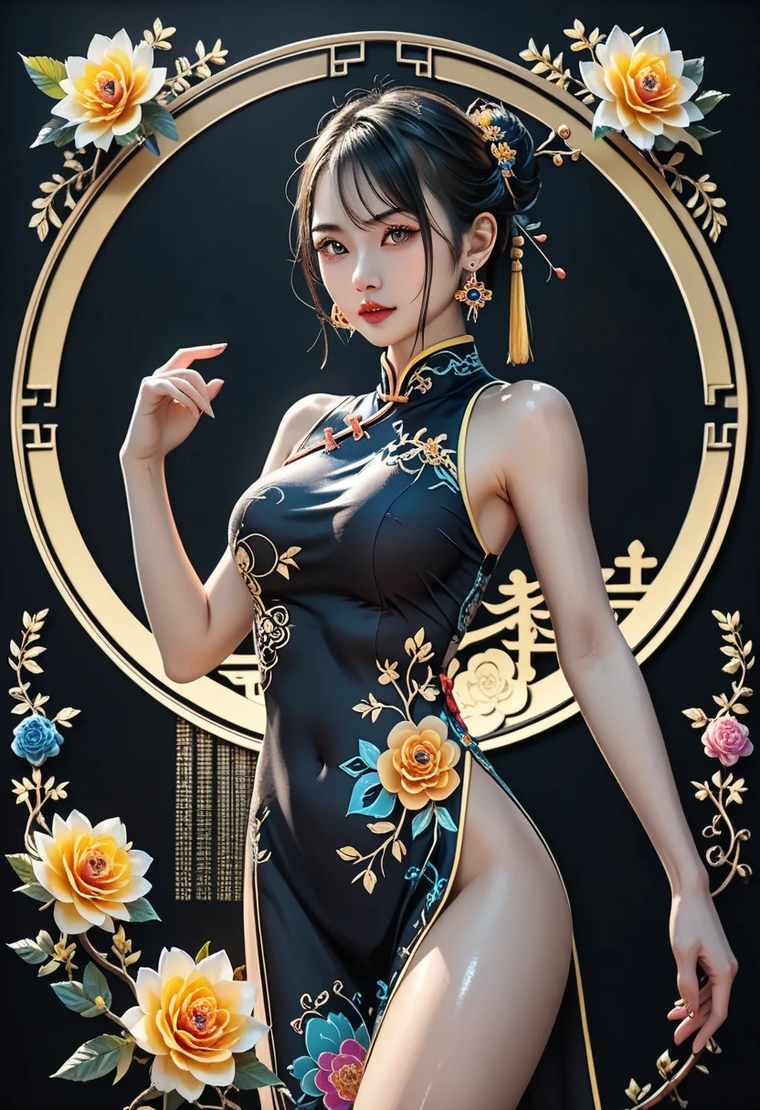 best qualtiy, 超高分辨率, 1womanl, The cheongsam is a high-slit one-piece black silk woman lying on her stomach,Hold your hands up,Wear cool clothes black silk