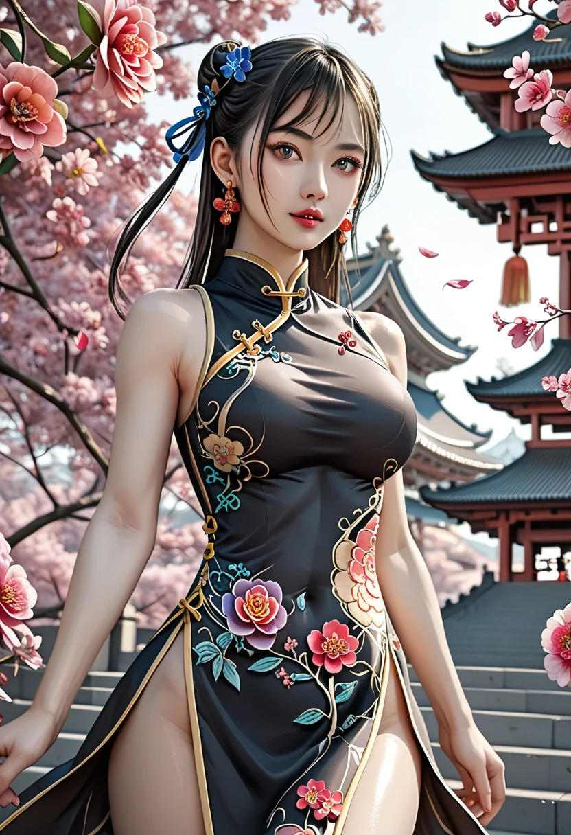 ((Top Quality, 8K, Masterpiece: 1.3)), Cowboy Shot, Very Cute Beauties, 1 Girl, (Beautiful: 1.3), (Abs, Slender Figure: 1.1), Sharp Focus, ((Intricate Details))), High Detail, Upper Body, One Girl, Black Twins Bangs, Chinese Characters, (Luxury Satin Cleavage Cut Out Evening Cheongsam: 1.5), Lace, Detailed evening dress, 8K, 8K resolution, clean detail face, detail body, detailed clothes, sharp images, hyper sharp images, Japan anime concept art, trending on Artstation, ((Look at the viewer, turn to the viewer, stare at the viewer: 1.3)), seductive sexy pose, (Seductive smile, light smile: 1.35)), pink lipstick, Bokeh, depth field, 8.5 life-size, 8k resolution, (EOS 5D Mark IV, 35mm lens, shot at f1.8), (ancient Chinese street background, simple background without humans, detailed background), ((frame head: 1.3), detailed human hand, perfect human hand, perfect anatomy, perfect proportions, super sharp focus, have a katana