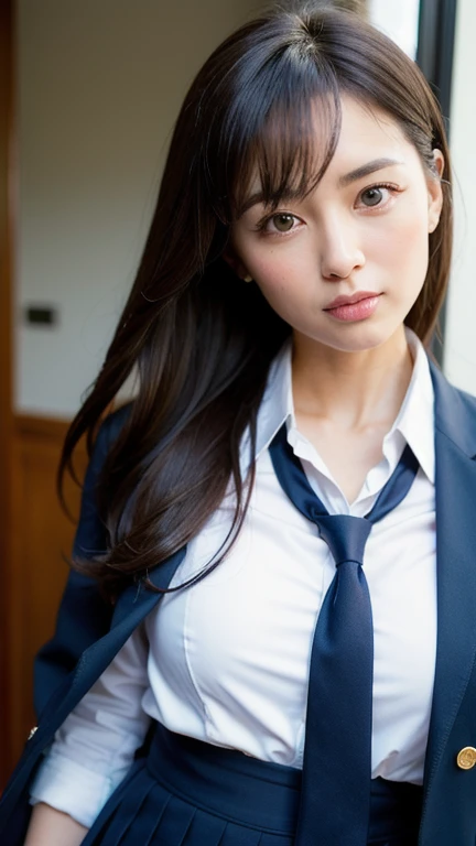 bangs,(Large Breasts:1.2),(Highest quality,masterpiece:1.2),One person,One person,alone,Fair skin,8k,Ultra-high resolution,Super detailed,Highest quality,Perfect lighting,flat light,super high quality,Ultra-high resolution,masterpiece,Realistic,Detailed face,Perfect ???????,School,school uniform、Slender body、Young face、smile、Sweating、Flushed Cheeks、whole body、完璧なブレザーのschool uniformを着てください、Beautiful feet、Variety of poses
