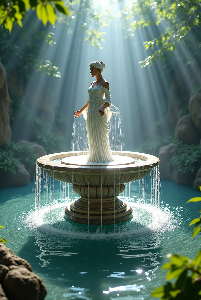 Female plaster statue in captivating poses in lush garden