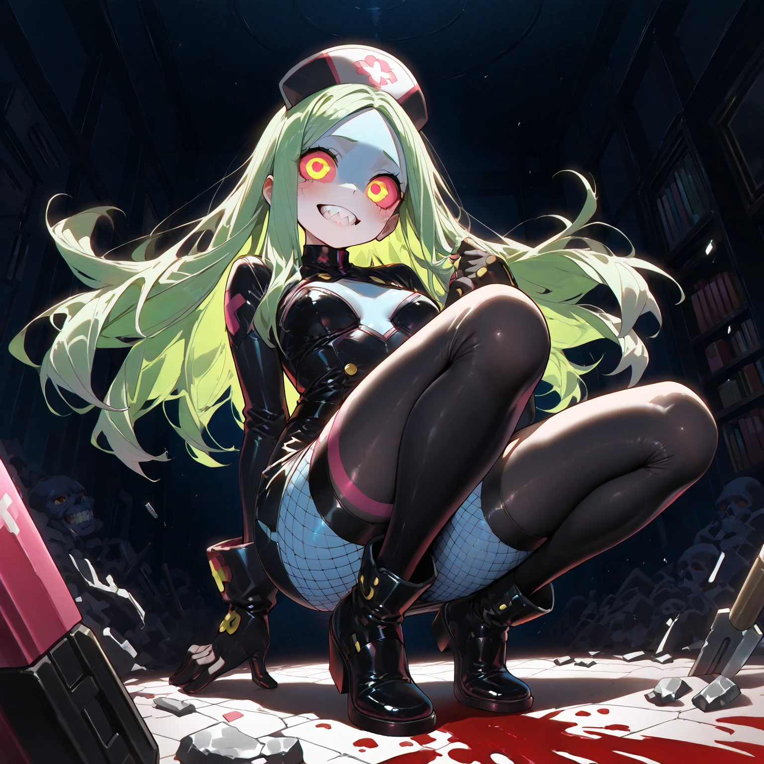 masterpiece, best quality, 4kresolution, jail, jail cell, prison, 1girl, solo, Linda, female, hoodie, green hair, boots, grey skin, navel, red eyes, laughing, grey pants, evil, pointing,