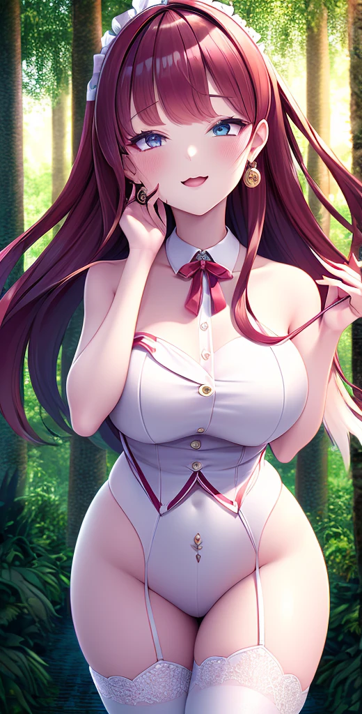 best quality, masterpiece, highly detailed, illustration, 1girl, solo, yoshida yuuko \(machikado mazoku\), shamiko, glossy lips, blush, standing, school field, strapless corset, thigh highs, collarbone, cleavage, bare shoulders, choker, lace panties