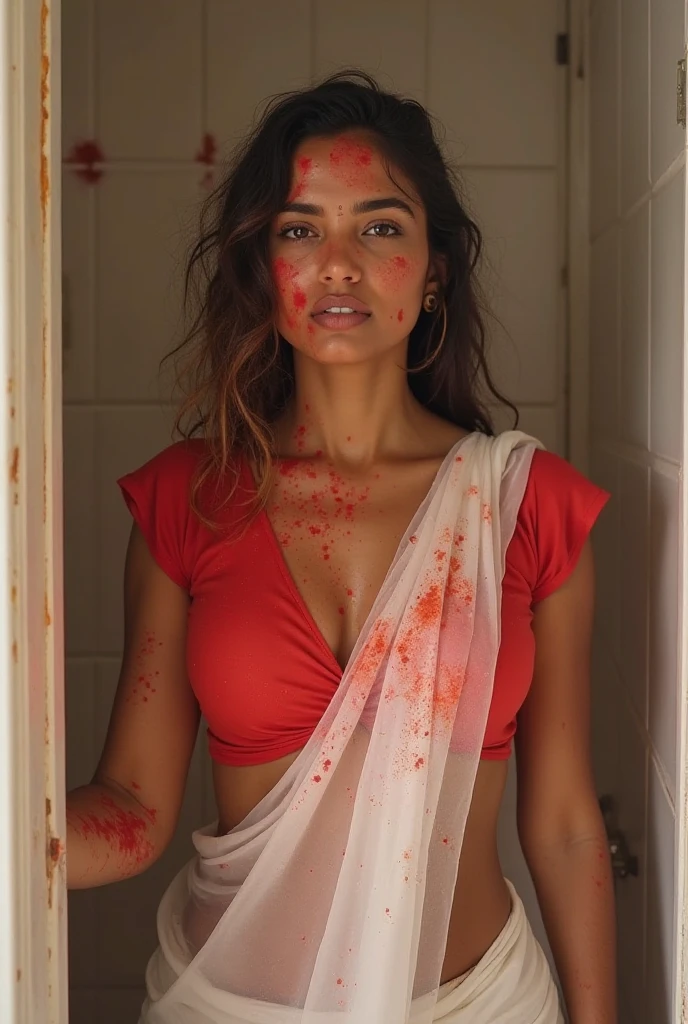 South Indian plus sized women, (cum Splash on her breasts and nipples, cum Splash on her gace, Splash of cum on her face, cum Splash on her blouse, cum Splash on her eys),