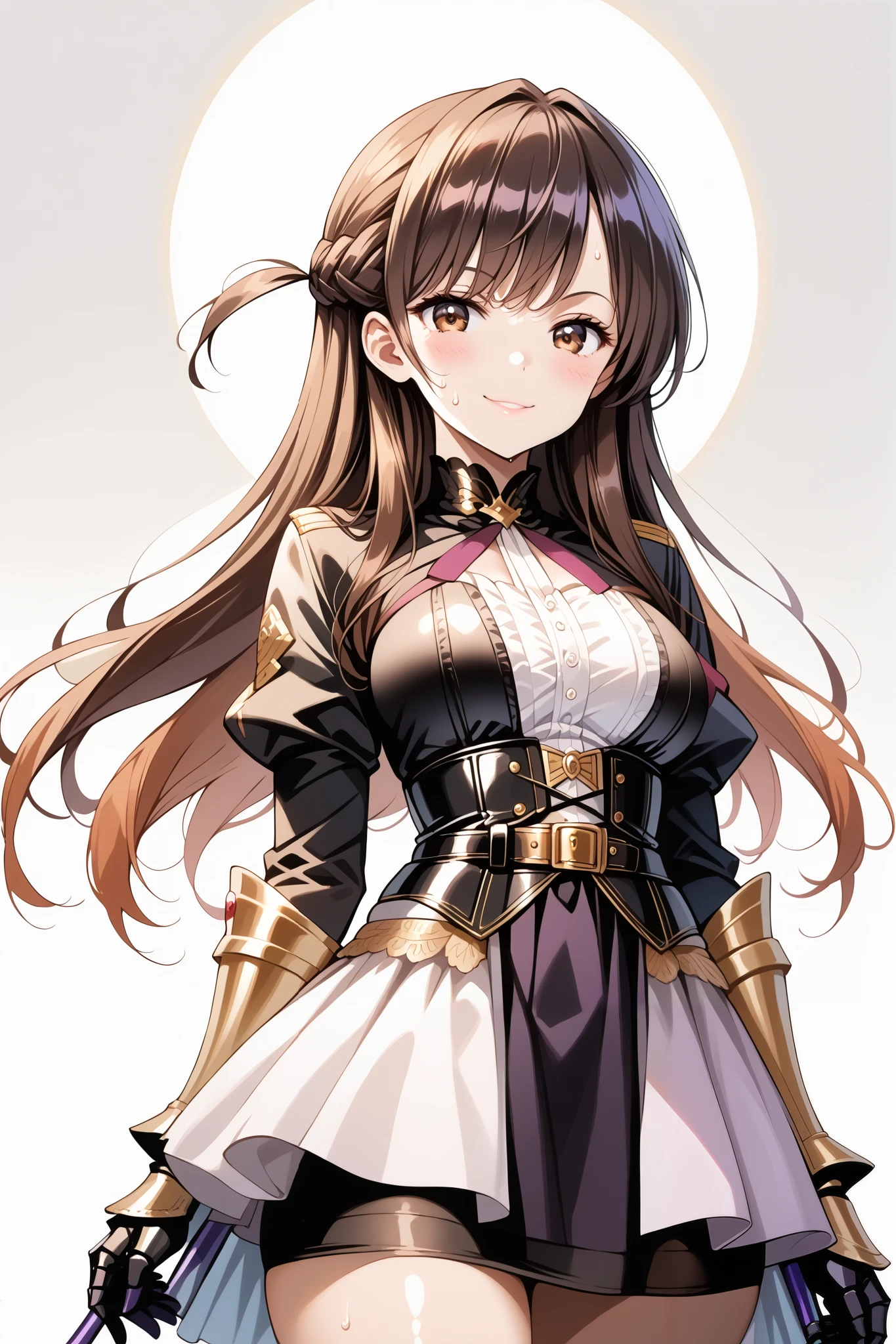 score_9, score_8_up, score_7_up, source_anime, 4K,perfect fingers,(perfect hands, perfect anatomy),prefect lighting, very aesthetic, intricate details,highly detailed background, masterpiece, high quality, best quality,
1girl,solo,chizuruichinose, chizuru ichinose, long hair, bangs, brown hair, brown eyes, one side up, ,large breast,
wearing ((dark purple, black, and gold costume. black Corset, outfit includes several layers of fabric in various shades of purple and black, gold belt, skirt section is layered and patterned, giving a sense of depth and volume, gauntlets, )),
((white plain background)),looking at viewers, sweating, Standing,evil smirk,