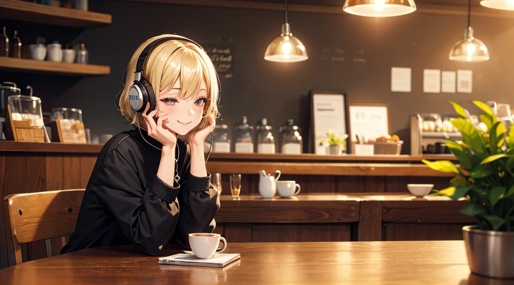 Lo-Fi Blonde woman drinking coffee in a cafe Slow Tempo Rainy Town window Neon Town 29-year-old