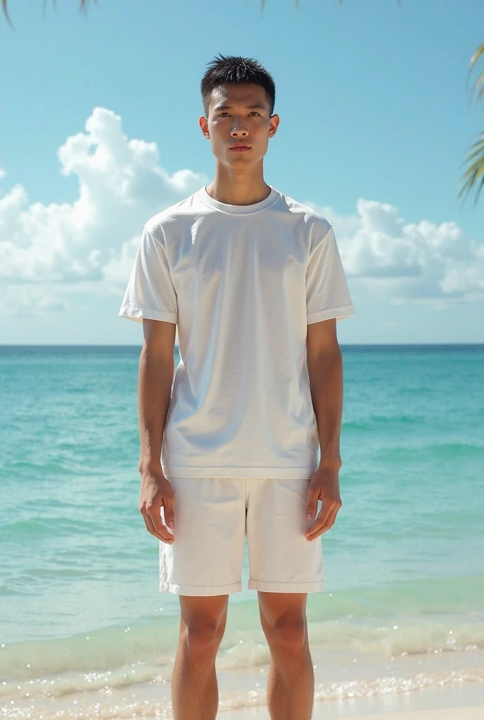 Young home on the beach in transparent white swim trunks
