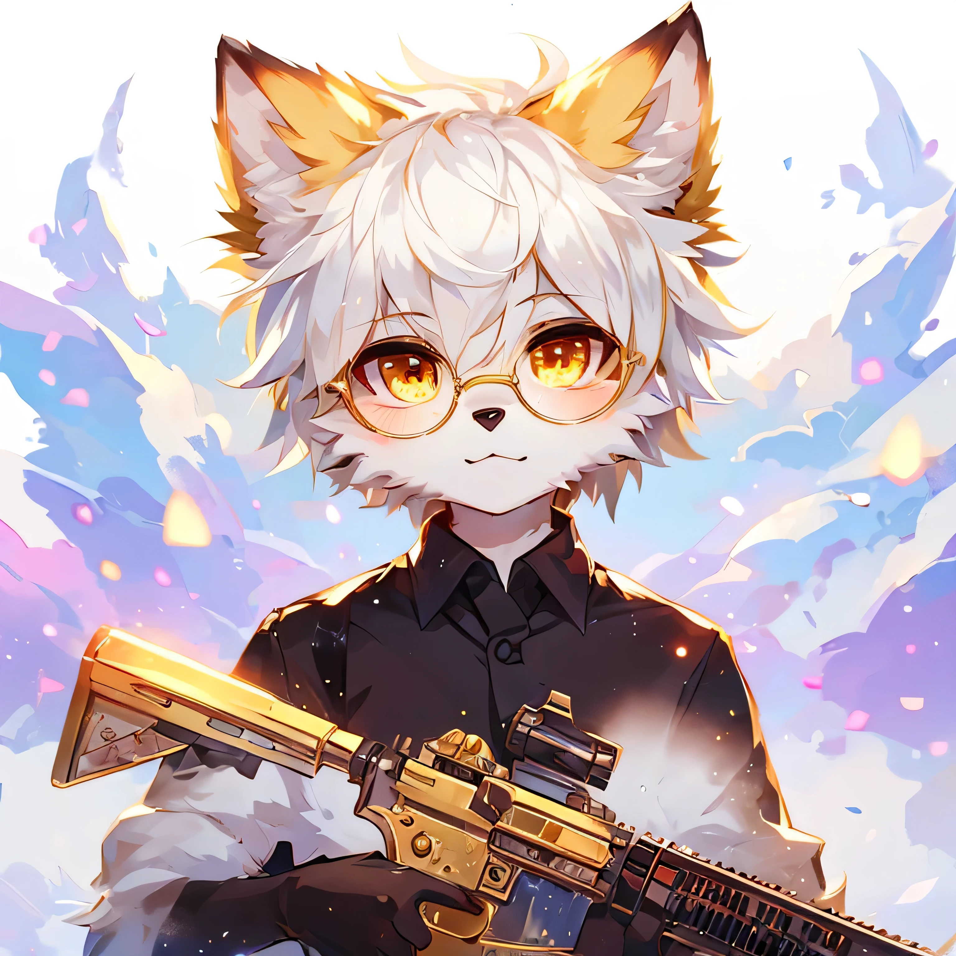 Anthropomorphic arctic fox, furry Chibi, White hair, round glasses are golden, shiny golden eyes, fox boy Young, anime cutie