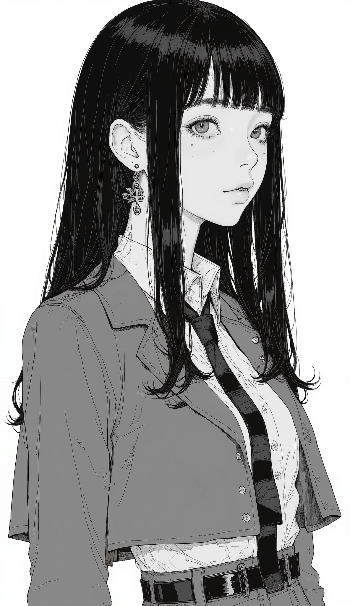 Japanese manga written on a notebook、Taiyo Matsumoto、profile、upper body、 manga frame split、  comic cover 、Princess Cut、straight long hair、full bangs、High school cartoons、uniform、black hair shortcut、simple background、full bang、 Bold composition 、Black and white、 dot screen tone 、solo
