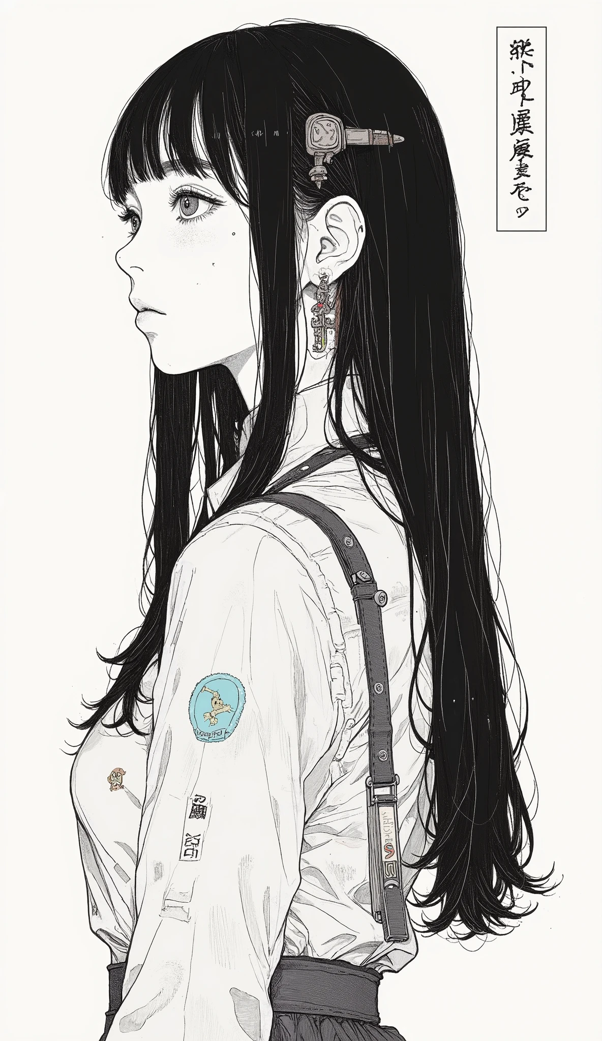 Japanese manga written on a notebook、Taiyo Matsumoto、profile、upper body、 manga frame split、 comic cover 、Princess Cut、straight long hair、full bangs、High school cartoons、uniform、black hair shortcut、simple background、full bang、 Bold composition 、Black and white、 dot screen tone 、solo