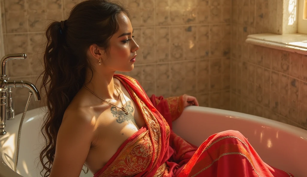 A close picture of Indian, winding, hourglass figure, extremely large Breasts swoop, no bra, pierced nipples, visible nipples, bend down and hanging breasts, Shows deep cleavage, Kneeling in ceremonies, French braid hair, necklace, Sexy maroon saree and not wearing bra, visible nipples, Sultry, Alluring eyes, Look at the viewer and smile, (Cinematic:1.3), Complex details, (ArtStation:1.2