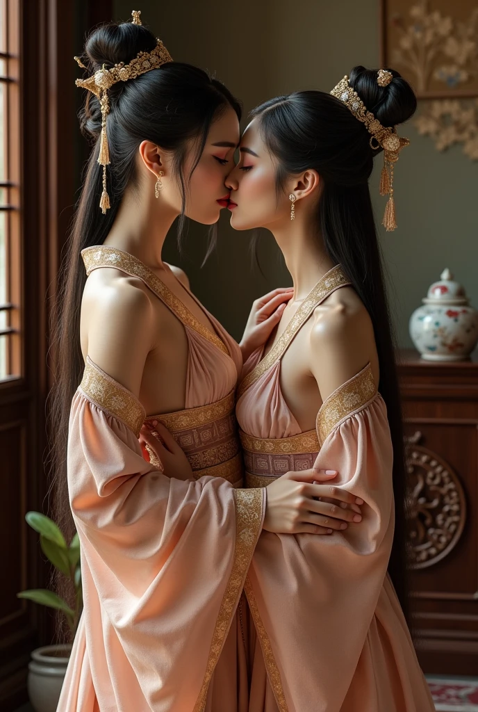 imagine an Indian girl in saree kissing and smooching Chinese girl in traditional dress. both are feeling each other ((best quality)), ((masterpiece)), (detailed), perfect face