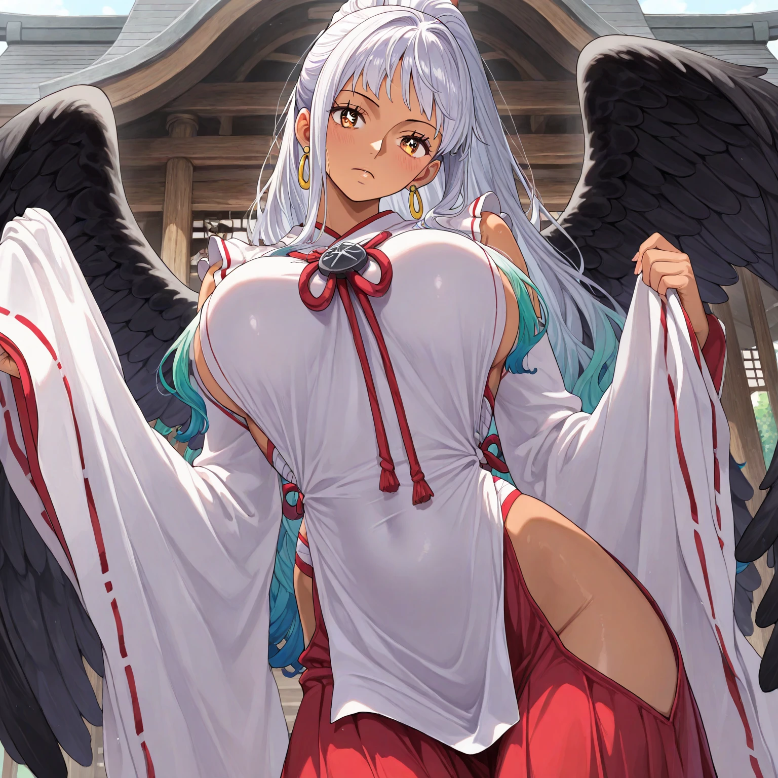 Sex , White hair, black red eyes, semi nude, hypnosis, cum on body, city, adult big breasts small ass, White shirt, black tie, excellent photo quality, Anime graphics, long hair angel