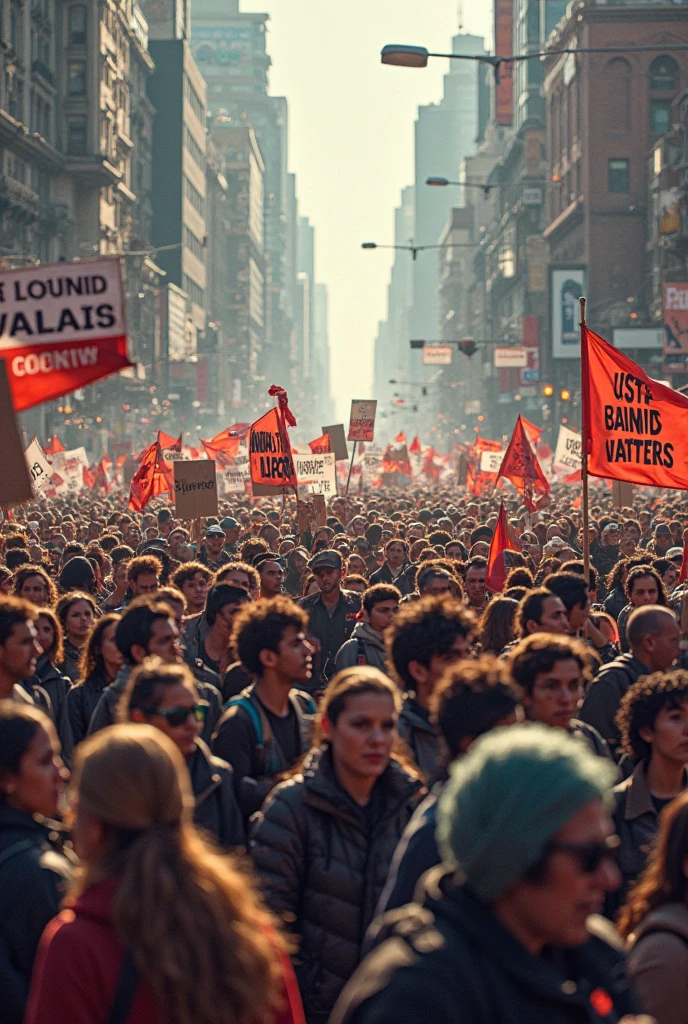 a peaceful protest march, diverse group of people of different ages and ethnicities holding signs with words like "Justice", "Freedom", "Unity", determined and hopeful atmosphere, highly detailed, hyper realistic, 8k, cinematic lighting, award winning photograph