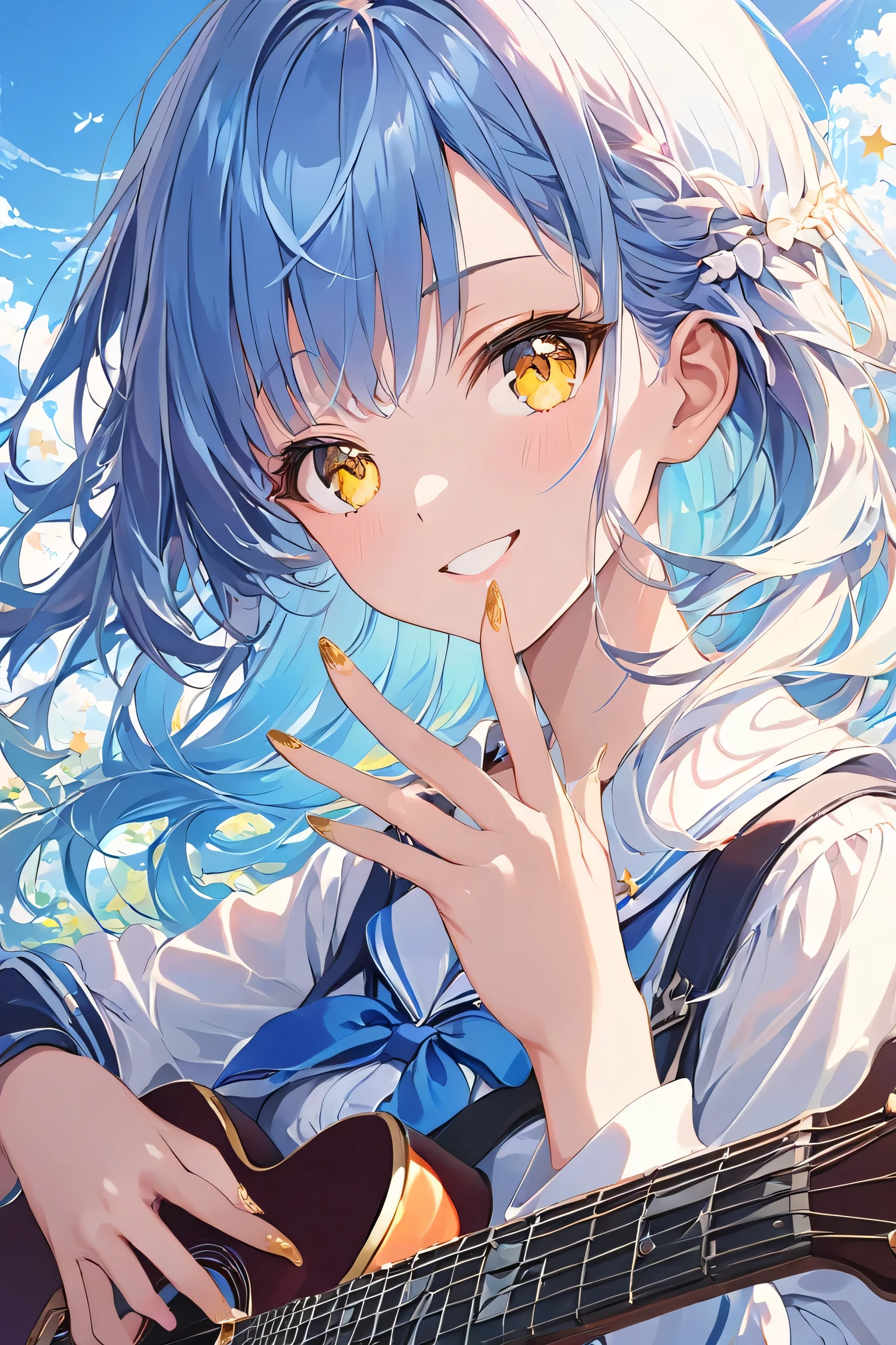 A 16-year-old girl, (Her hair is a mesh color of white and blue, beautifully interwoven:1.2). (Her hair has a white base;1.5) with streaks of (((blue highlights here and there))) flowing through it. The blue lines create a natural gradation, reflecting the light as her hair moves, creating a fantastical atmosphere. She has a gentle smile, winks one eye, and plays an electric guitar. (((Her eyes are gold))) (Her eyes are bright gold:1.5) with a star-like sparkle. The light reflects in her eyes like small stars, giving her a fantastical and charming impression. Her outfit is a Japanese high school uniform, and the background is a lush park with warm, soft light shining in. The background is slightly blurred, highlighting her bright and positive atmosphere. (Super detailed, natural soft light, realistic, (anatomically accurate: 1.5)), (Hands and fingers are beautifully drawn, natural), (balanced hand depiction), (accurate number of fingers: 1.5),