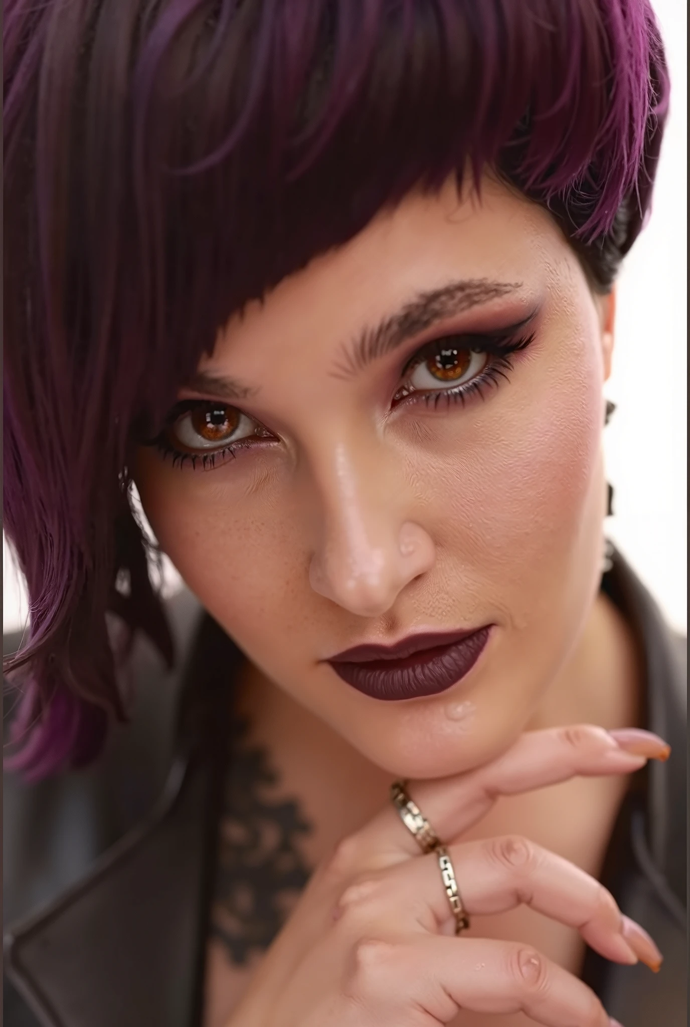 Portrait of a beautiful young girl in close-up, dark purple carefully crafted shiny hair, bangs,
expressive saturated makeup, gaze, dark lipstick, leather jacket, studio light, fashion photography, posing, model, advertising, gloss, digital photo, high detail, 64k quality,
