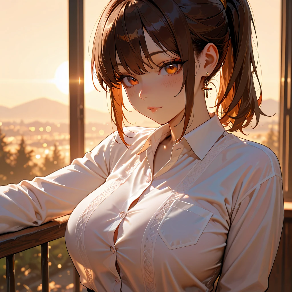 (masterpiece:1.2, top-quality), (realistic, photorealistic:1.4), beautiful illustration, (natural side lighting, movie lighting), 
looking at viewer, cowboy shot, front view:0.6, 1 wonan, japanese, , perfect face, cute and symmetrical face, shiny skin, 
(middle hair:1.7, side ponytail:1.7, (blonde hair)), hair between eyes, blue eyes, long eye lasher, (large breasts:0.9, thick thighs), 
beautiful hair, beautiful face, beautiful detailed eyes, beautiful clavicle, beautiful body, beautiful chest, beautiful thigh, beautiful legs, beautiful fingers, 
((white collared shirt, black tight skirt)), black hair ribbon, purple panties, 
(beautiful scenery), evening, computer office, walking, hands on chest, (excited face, very happy), 