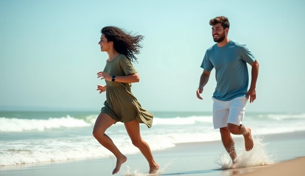 (best quality, masterpiece, ultra detailed), A Japanese man and a woman are running together on the beach