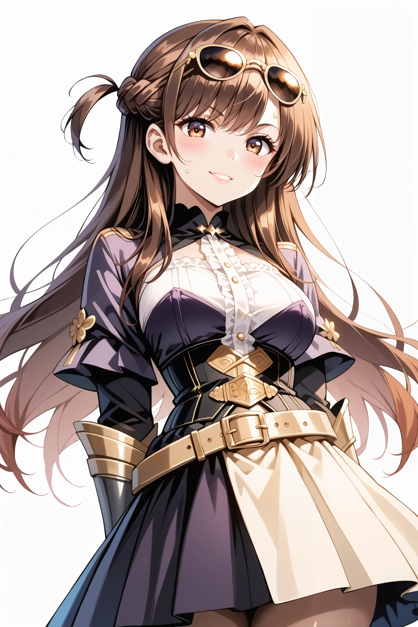 score_9, score_8_up, score_7_up, source_anime, 4K,perfect fingers,(perfect hands, perfect anatomy),prefect lighting, very aesthetic, intricate details,highly detailed background, masterpiece, high quality, best quality,
1girl,solo,chizuruichinose, chizuru ichinose, long hair, bangs, brown hair, brown eyes, one side up, ,large breast,
wearing ((dark purple, black, and gold costume. black Corset, outfit includes several layers of fabric in various shades of purple and black, gold belt, skirt section is layered and patterned, giving a sense of depth and volume, gauntlets, )),
((white plain background)),looking at viewers, sweating, Standing,evil smirk, cowboy shot, filed, Arms Behind Back, high thigh individual ,