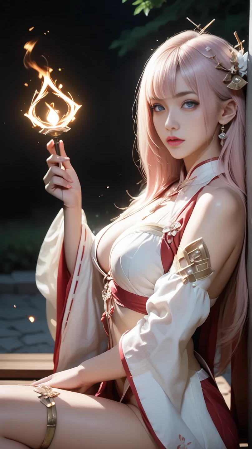ANIME girl magical with purple glowing eyes, white hair, super short, red shirt, and blue powers coming out of your hair with Incredible extremely strong unbelieving powers. With sexy big chest, with a very short skirt redsexy.