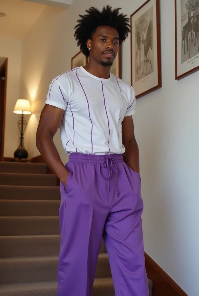 A men wearing offshoulder voilets color tshirt and nice pant and white shoes and silver chain on neck.