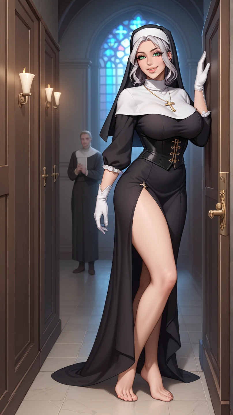 1 girl, silk hijab, face veil, large mesh fishnet dress, pvc corset, g-string, 7inch high heel, polished nails,vibrant glossy pucked lips, makeup, tattoos, belly piercing, standing in the middle of a big villa, surrounded by red sofa, curvy hips, big rounded ass.